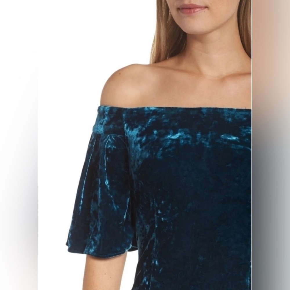 Eliza J Elegant Off-The-Shoulder Velvet Dark Teal Dress - Picture 3 of 8